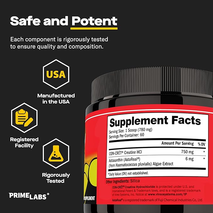 Prime Labs Creatine HCl Powder with AstaReal Astaxanthin 6mg - Supports Muscle Recovery &amp Brain Health - Con-Cret Creatine HCl (7X More Concentrated Than Monohydrate) - 60 Servings