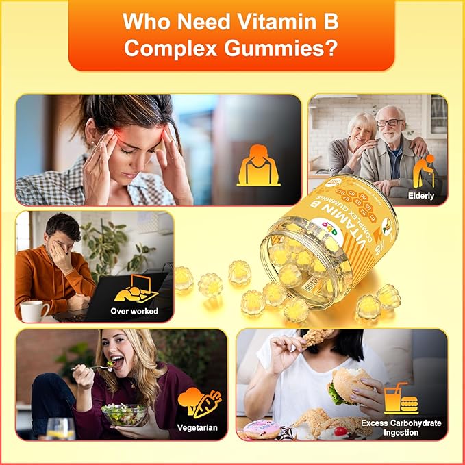 Vitamin B Complex Gummies for Adult Kid-Pineapple Flavor-Chewable Supplement with 8 Essential B Vitamins (B1 B2 B3 B5 B6 B7 B9 B12) Non GMOVegan 60 Count