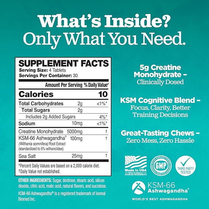 Creatine Chews - 5000mg Creatine Monohydrate Tablets for Men &amp Women with Ashwagandha KSM-66 - Low Sugar Muscle Support &amp Cognitive Boost - Gummy Alternative - 120 Count (Tropical Mango)