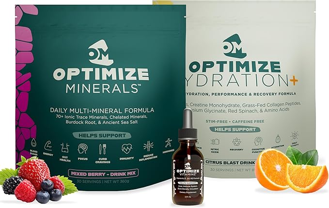 Optimize Minerals Mixed Berry and Citrus Blast Hydration Bundle | All in-One Supplement Pack Ionic Trace Mineral Blend Electrolyte and Micronutrient Support