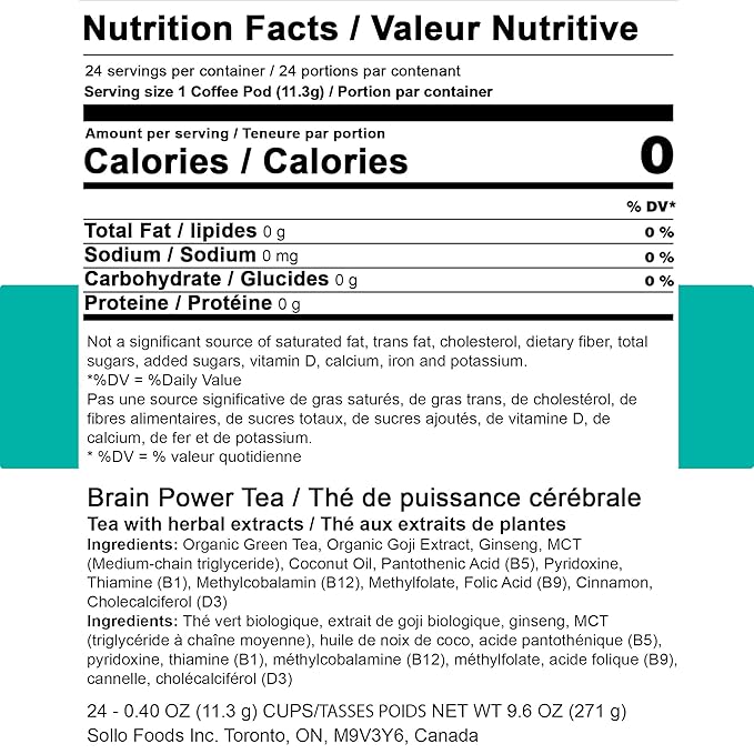 SOLLO Brain Power Organic Green Tea Pods with MCT Acai &amp Essential nutrition Nootropic Brain Booster- Improves Memory &amp Focus Compatible with 2.0 K-Cup Keurig Brewers 24 Ct