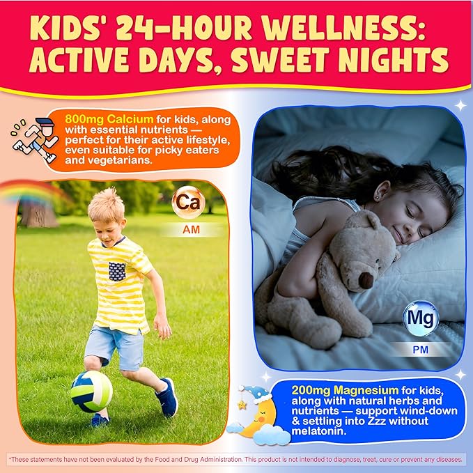 Kids Calcium Magnesium Supplement Gummies - Calcium Citrate 800mg with Magnesium Glycinate 200mg L-Theanine Vitamin D3 K2 &amp Omega-3 Multivitamin for Kids Day &amp Night Gummies - Vegan Sugar F