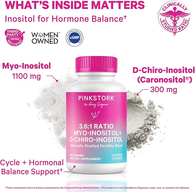 Pink Stork Myo-Inositol &amp D-Chiro Inositol: 3.6:1 Blend to Support Fertility Hormone Balance for Women - Ovarian Function Ovulation Conception and Period Support Supplement - 60 Capsules