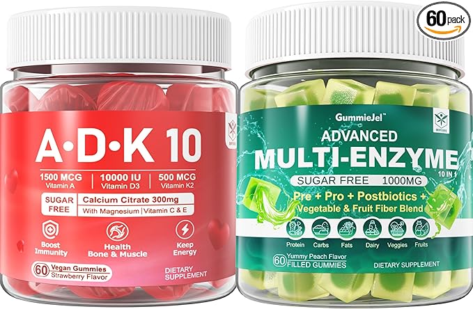 Digestive Enzymes Gummies 1000mg Chewable - Break Down Food Quickly 90 Billion CFU Probiotic Postbiotic Prebiotic &amp Fiber Blend &amp Vitamin ADK Gummies + Calcium Magnesium Zinc Supplement
