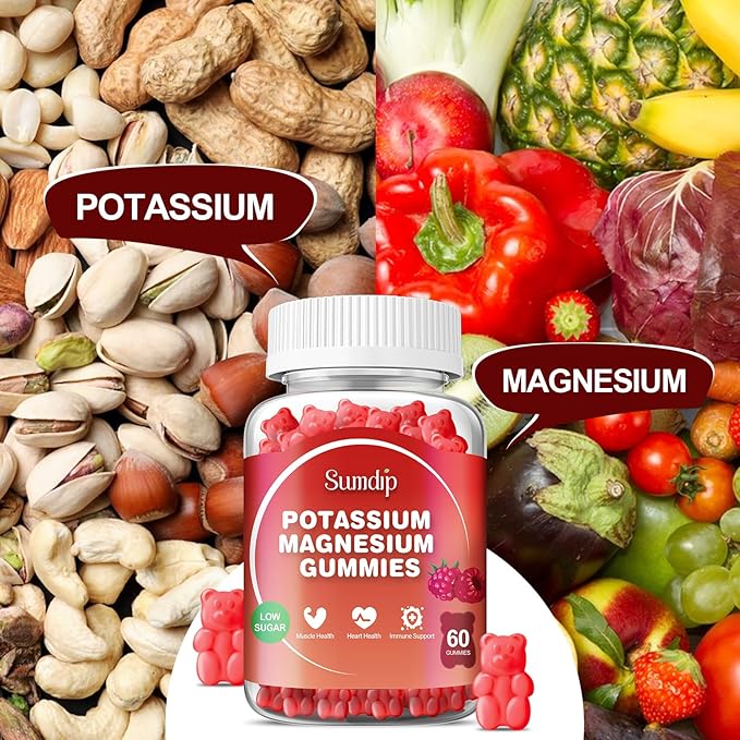 Magnesium Potassium Gummies Muscle &amp Heart Health Leg Cramps and Sleep Potassium Supplements Vegan Gummy Non-GMO Gluten Free 60 Gummies-2 Pack Raspberry