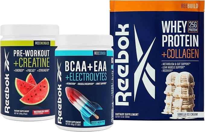 Reebok Performance System Bundle | REEenergize Pre-Workout REEcover BCAA + EAA REEbuild Whey + Collagen | Complete Athletic Performance System