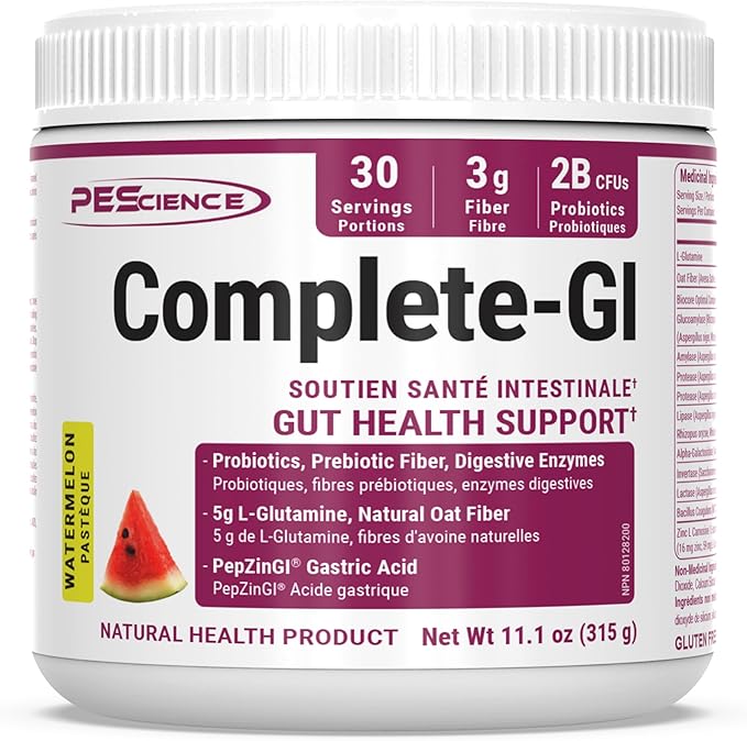 PEScience Complete-GI Gut Health Powder Probiotics for Women and Men Digestive Enzymes Prebiotic Fiber L Glutamine Pepzin GI Zinc Carnosine - Watermelon Flavor 30 Servings