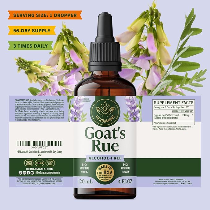HERBAMAMA Goat's Rue Tincture - Vegan Lactation Support with Galega Officinalis Extract - Breastfeeding Support Drops - Non-GMO Alcohol &amp Sugar-Free Lactation Supplement 56-Day Supply
