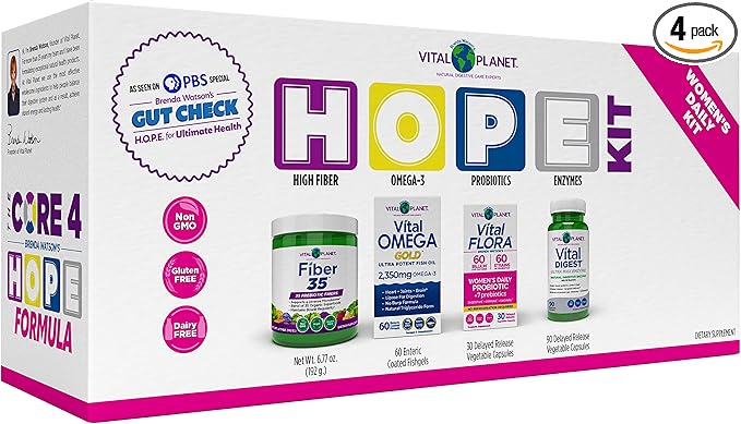 Vital Planet – Gut Check Hope Formula Kit by Brenda Watson - 4 Product Package with Women’s Probiotic 30 Cap Fiber 35 Powder 6.7oz Vital Omega Oil 60 Softgels and Digestive Enzyme 90 Cap