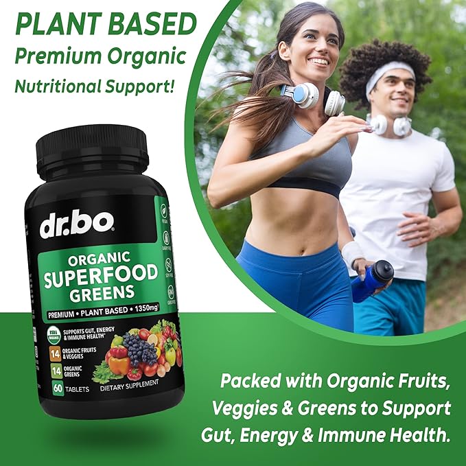 Adrenal Support &amp Organic Superfood Greens &amp Fruit Supplements - Daily Energy Super Food Fruits and Veggies Supplement Tablets Plus Vegetable Foods
