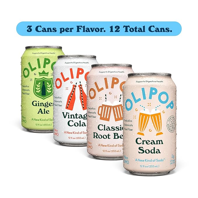 OLIPOP Prebiotic Soda Pop Classic Soda Variety Pantry Pack Packed with Prebiotics Fiber and Botanicals Gluten Free Vegan GMO Free 12oz (12-Cans) (Pack of 2)