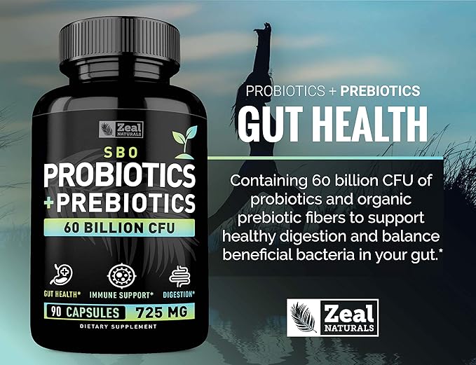 Probiotics and Prebiotics + SBO Probiotics (60 Billion CFU | 90 Capsules) Acidophilus Probiotic w. Saccharomyces Boulardii Bifidobacterium + Spore Probiotic &amp Organic Sprouted Prebiotic Fiber Ble