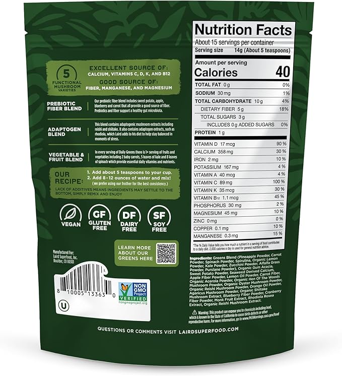 Laird Superfood Prebiotic Daily Greens Powder – Essential Vitamins &amp Minerals - Prebiotic Fiber Adaptogen and Fruits &amp Vegetables – Supports Gut Health – Non-GMO Vegan - 7.4 oz Bag Pack of
