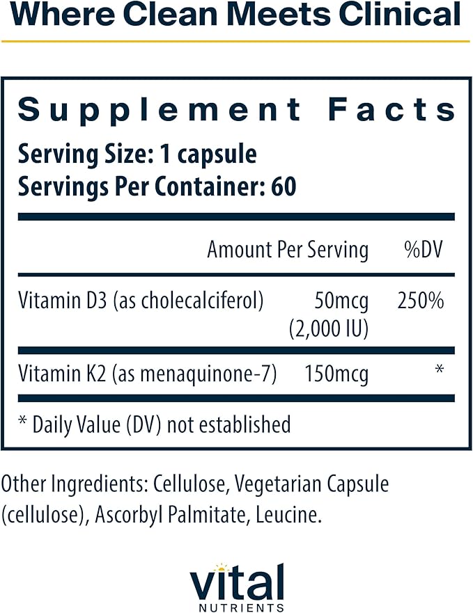 Vital Nutrients Vitamin D3 + K2 | 2000 IU | Vitamin D3 K2 Supplement | Vitamin D Complex for Healthy Calcium Levels Muscle &amp Bone Health | Gluten Dairy Soy Free | 60 Capsules