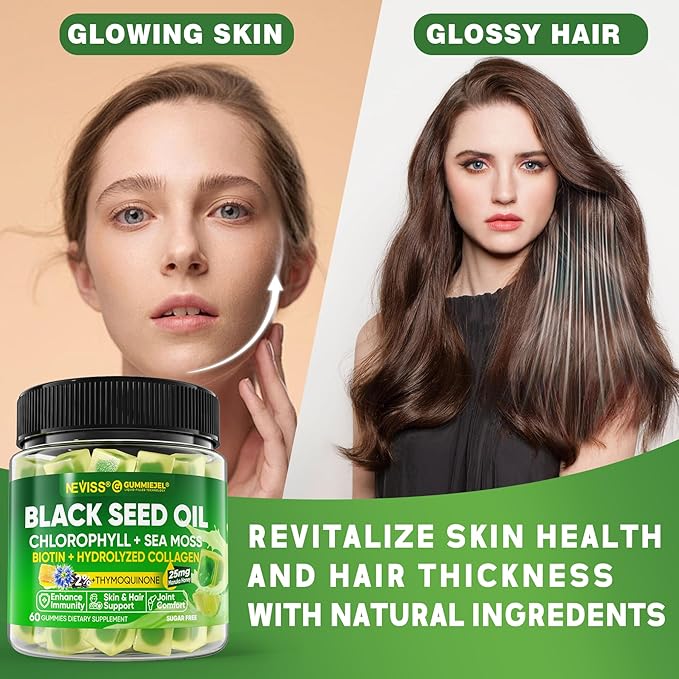 Black Seed Oil Gummies for Adults &amp Kids 9+ Chlorophyll &amp Sea Moss Supplement Biotin with Hydrolyzed Collagen for Skin Hair &amp Nails Vit E C Zinc for Immune Overall Health Organic C