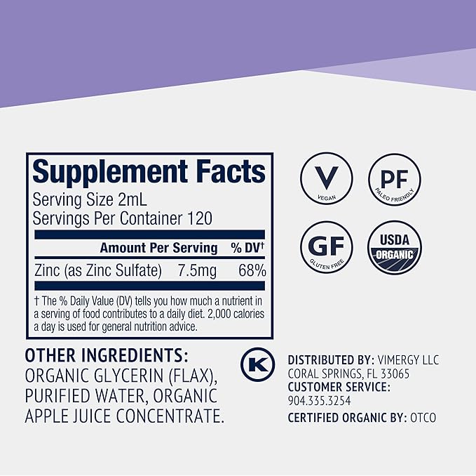 VIMERGY USDA Organic Zinc Supplements for Women &amp Men (7.5mg Liquid Zinc Per Serving) Fast-Absorbing Immune Support Promotes Healthy Bones &amp Skin Vegan Up to 120 Servings (240mL)