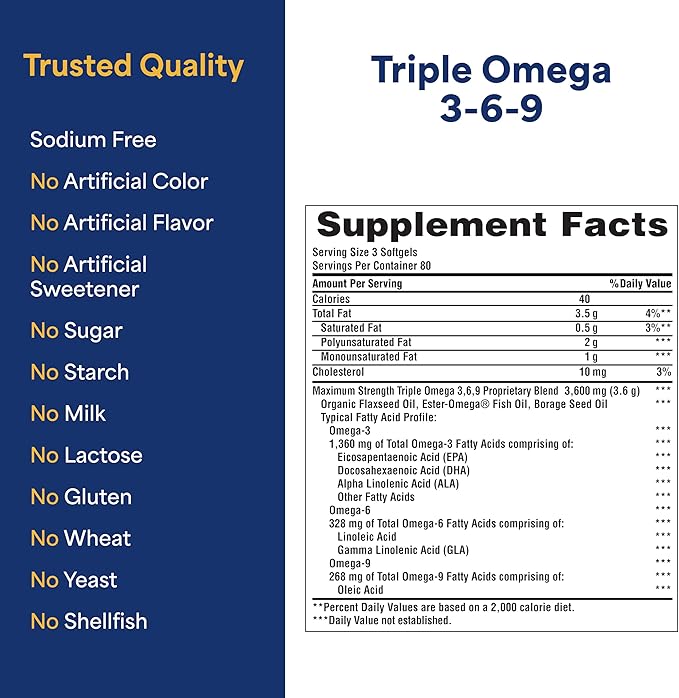 Puritan's Pride Premium Maximum Strength Triple Active Omega 3-6-9 Fish Flax and Borage Oils Dietary Supplement for Heart Joint and Cellular Health Support 240 Rapid Release Softgels