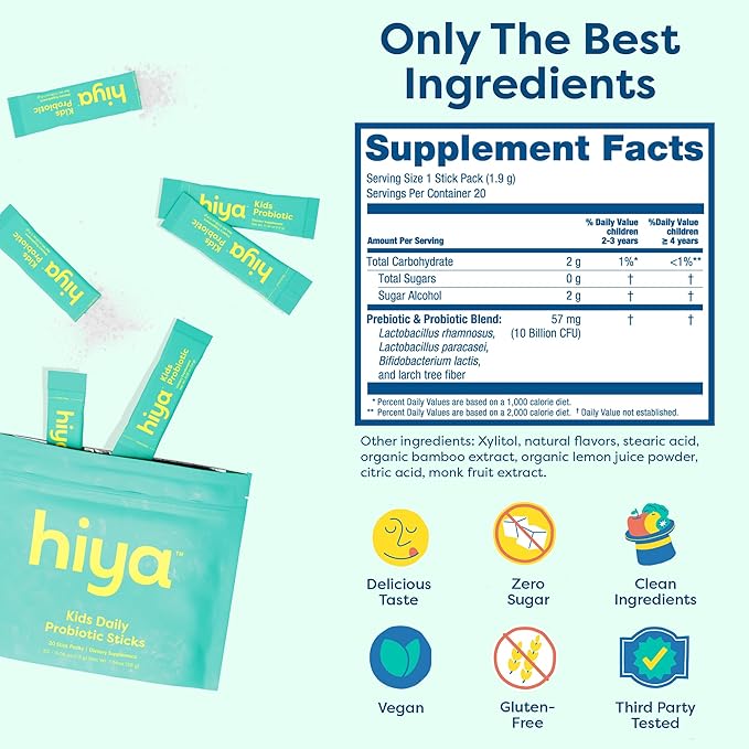 Hiya Kids Probiotic – 10 Billion CFU with Clinically-Studied Strains for Ages 2+ Supports Gut Health &amp Immune 0g Sugar – 20 Stick Packs for Toddlers &amp Kids