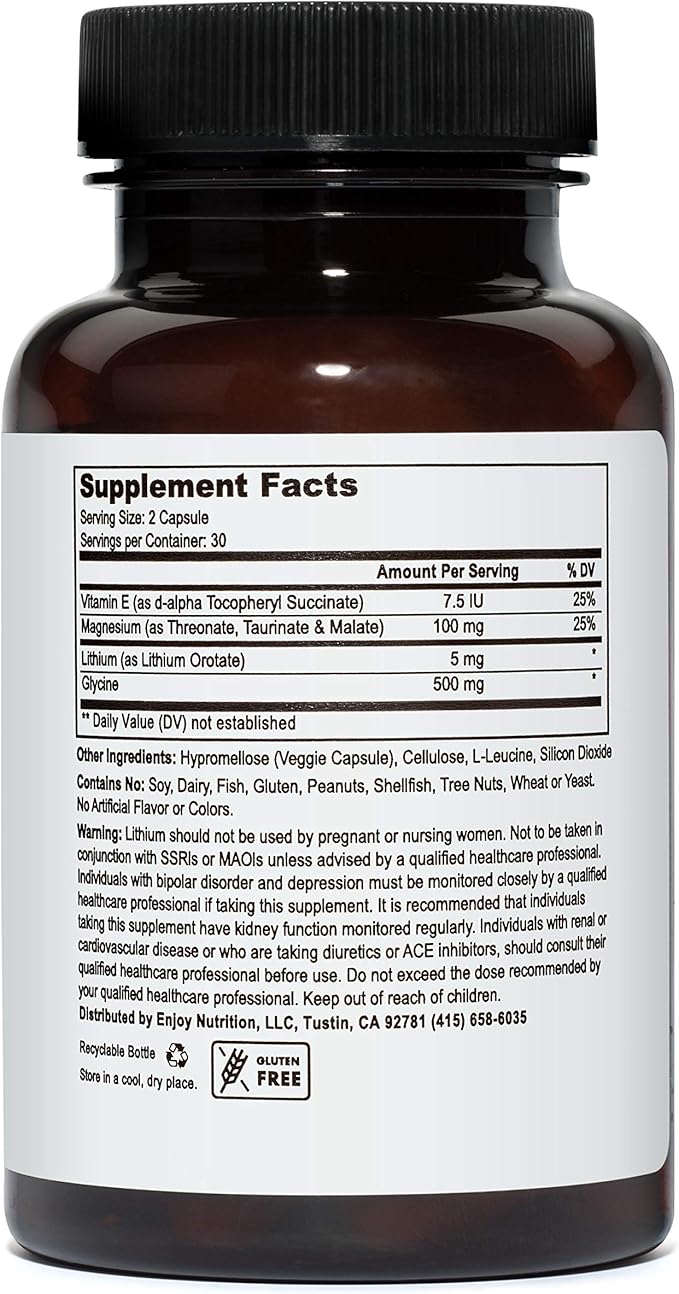 Lithium Orotate 5mg + Tri-Magnesium Threonate Taurinate Malate + Glycine + Vitamin E 60 Vegetarian Capsules (Pack of 2)