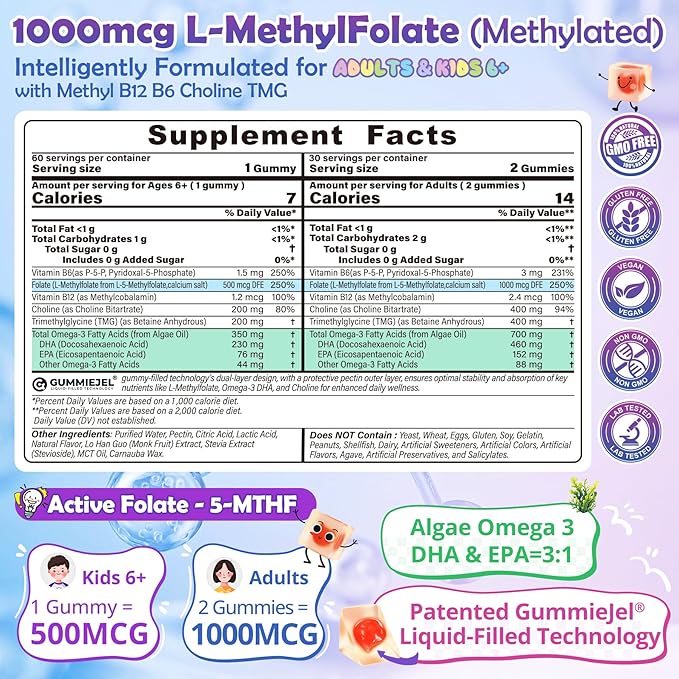 L-Methylfolate 1000 mcg + Methyl B12 Gummies for Kids &amp Adults - Active 5-MTHF w/Omega-3 DHA &amp EPA(3:1) Choline &amp TMG B6 Supports MTHFR Gene Brain Energy &amp Methylation Sugar fre