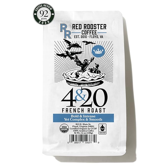 Red Rooster Coffee Organic 4&amp20 French Roast – Dark Roast Whole Bean Coffee – Notes of Hot Fudge &amp Navel Orange – Fair Trade USDA Organic 12 oz. bag Whole Bean