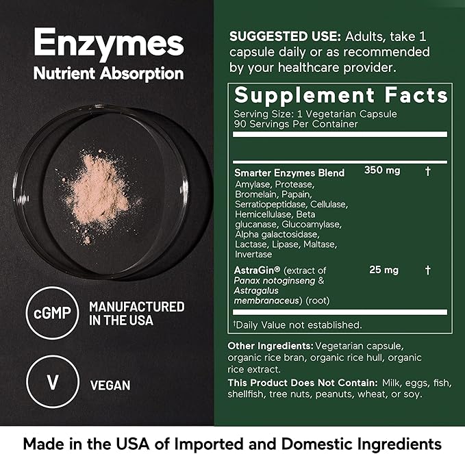 SMARTERNUTRITION Vegan Digestive Enzymes - Digestion Bloating &amp Gut Health Support with 16 Multi Enzymes for Nutrient Absorption &amp Meal Time Comfort for Both Men &amp Women - 540 Count[180-Da