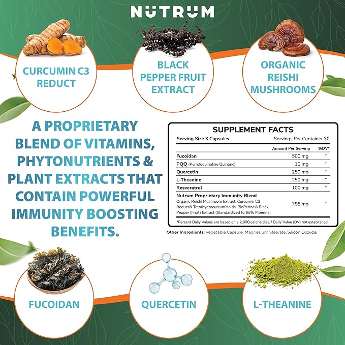 Advanced Immune Support Supplements with Curcumin by Nutrum Vegan Formula for Cellular Health Promotes Regeneration of Damaged Cells with Fucoidan Immunity Boost with Herbal Extracts 90 Capsules