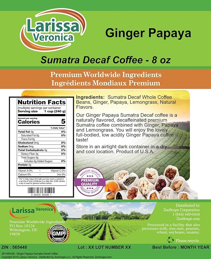 Ginger Papaya Sumatra Decaf Coffee (Gourmet Naturally Flavored Whole Coffee Beans) (8 oz ZIN: 565448)