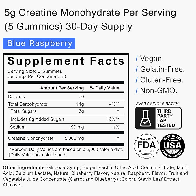 Brava Creatine Gummies | 5g Lab-Verified Creatine Monohydrate Gummies for Men &amp Women | Every Batch Third-Party Tested | Vegan Gluten-Free | Blue Raspberry (150 Gummies)