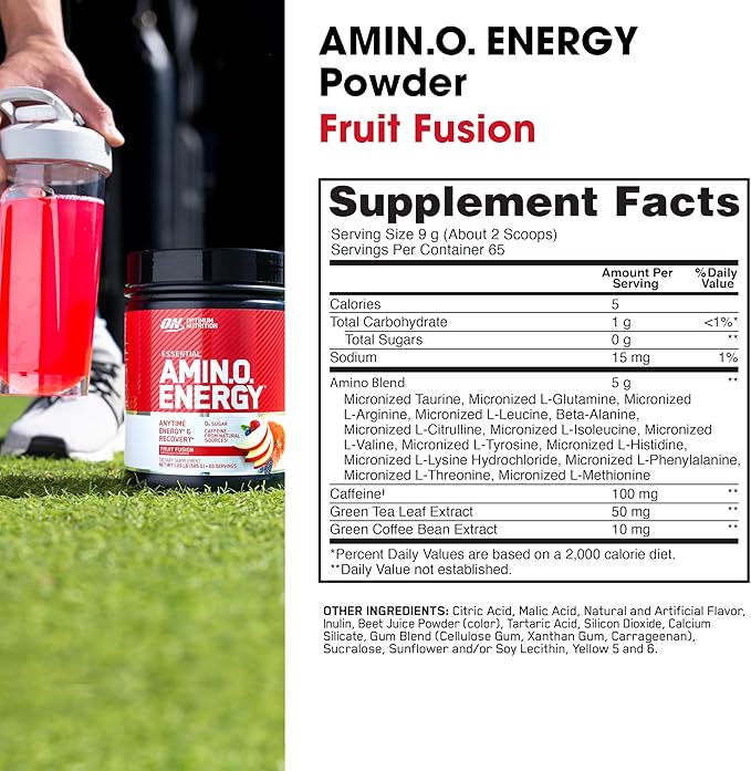 Optimum Nutrition Amino Energy - Pre Workout with Green Tea BCAA Amino Acids Keto Friendly Green Coffee Extract Energy Powder - Fruit Fusion 65 Servings (Packaging May Vary)
