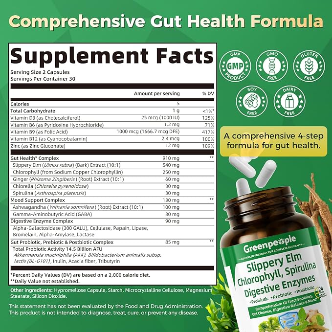 GREENPEOPLE Digestive Enzymes for Women &amp Men-Ultra Gut Health &amp Cleanse With Slippery Elm Chlorophyll Spirulina Probiotics Complex-Complete Gut Supplement for Mood &amp Relaxation Gentle