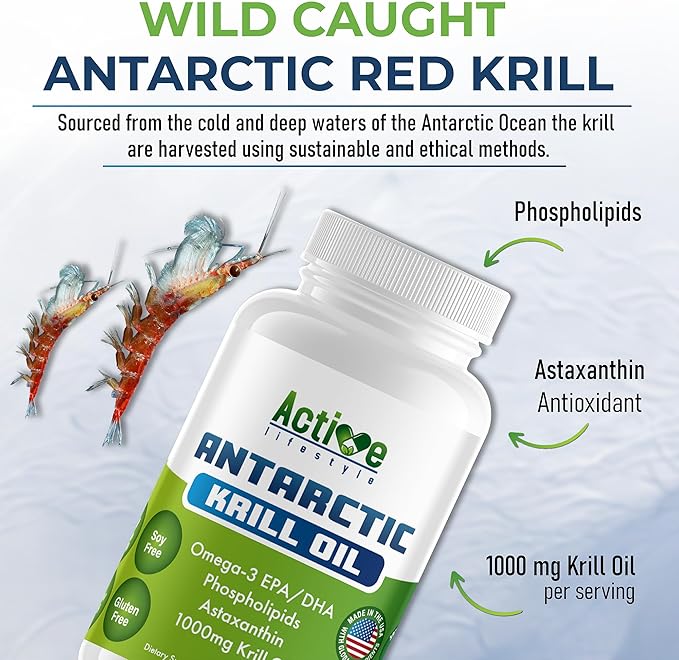 Active Lifestyle Antarctic Krill Oil Supplement High Absorption EPA DHA Astaxanthin &amp Phospholipid Red Krill GMO Free Gluten Free Soy Free Dairy Free Lab Tested Made in USA