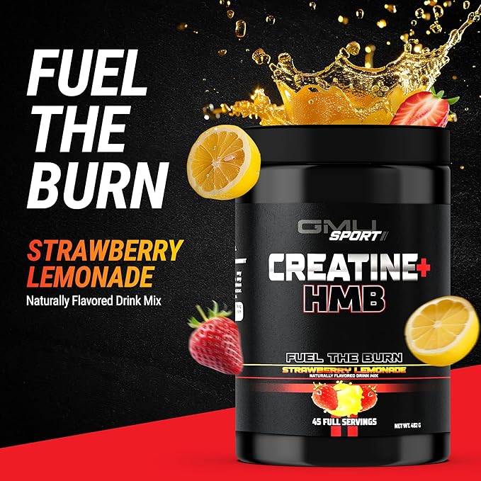 GMU SPORT Creatine HMB Powder – 45 Servings – 5g Creatine Monohydrate + 3g HMB + Piperine – Muscle Growth Strength &amp Recovery | Strawberry Lemonade Drink Mix for Men &amp Women