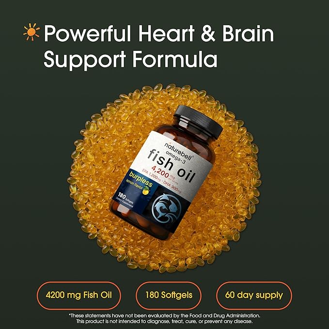 NatureBell Omega-3 Fish Oil - 180 Softgels - Support for Joint Brain &amp Heart Health* - with EPA &amp DHA - No Burps or Fishy Aftertaste - Non-GMO &amp Mercury-Free Formula - Lemon Flavor