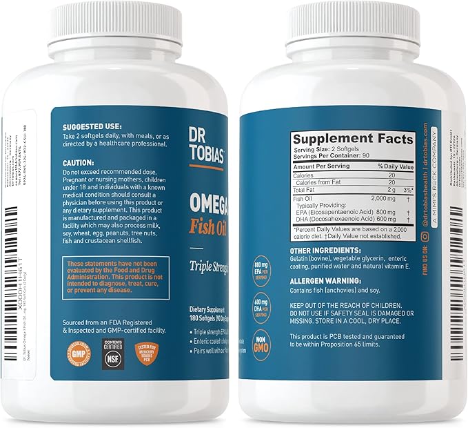 Dr. Tobias Omega 3 Fish Oil and Vitamin D-3 Promotes Overall Health - 3 Month Supply