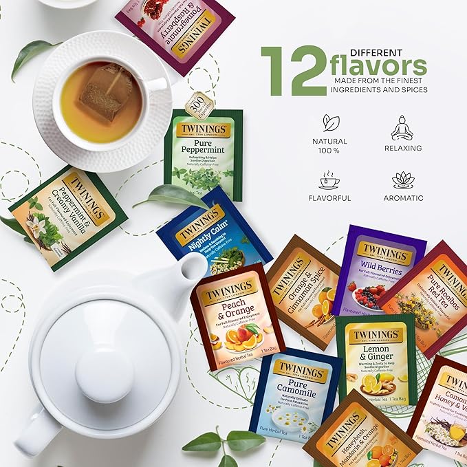 Twinings 48 Tea Bags Herbal Variety Pack – 12 Herbal Flavors Caffeine-Free Individually Wrapped Perfect Tea for Any Occasion