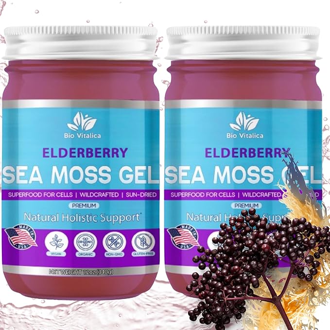 Sea Moss Gel by BioVitalica - Irish sea Moss raw Organic - Premium Quality - Dr Sebi Vegan superfood for Cells - 100% Natural Seamoss Gel - (Pack of 2 Elderberry)