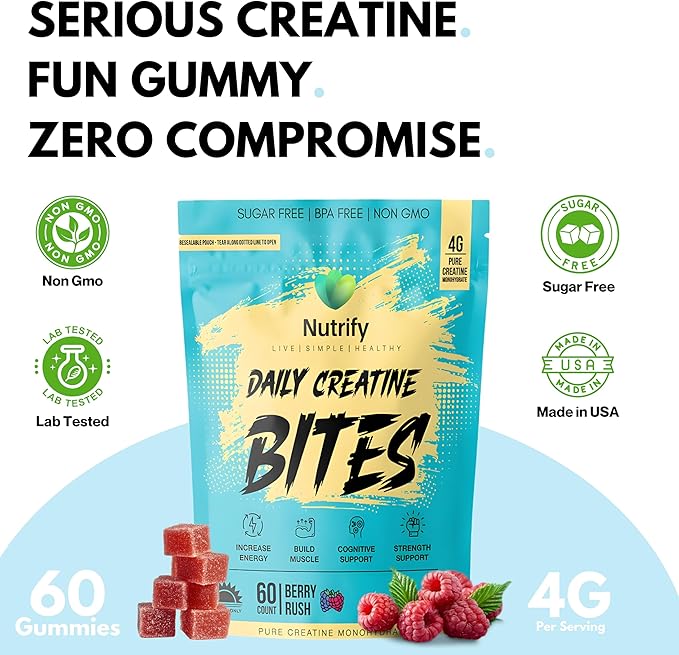 Nutrify Daily Creatine Gummies for Women and Men - 4g Creatine Monohydrate per Serving for Muscle Growth &amp Recovery - Sugar-Free Low-Calorie with Vitamin B12 for Energy Boost (Blue Raspberry)