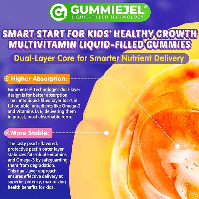 Kids Multivitamin Gummies with Iron 450mg Algae Omega-3 Methylated B12 Folate Fiber 2g Probiotics Magnesium A C D K Zinc Children Vitamins for Growth Brain Eye Gut Immune Sugar Free