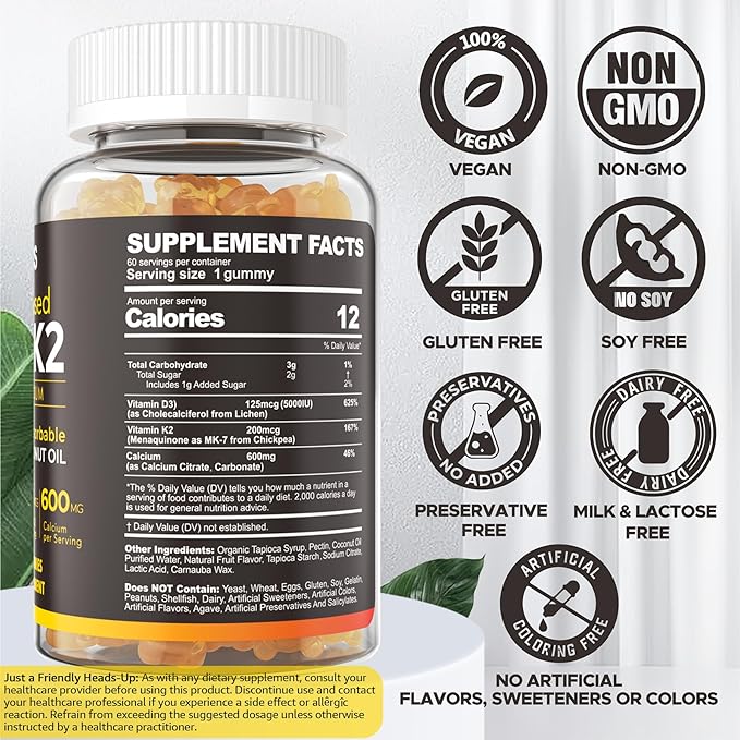 Vitamin D3 5000iu &amp K2( as MK7 ) 200mcg Gummies + 600mg Calcium with Coconut Oil for High Absorption Maximum Strength Vitamin D3 K2 Supplement - Support for Bones Muscle Teeth Immune Vegan 60 C