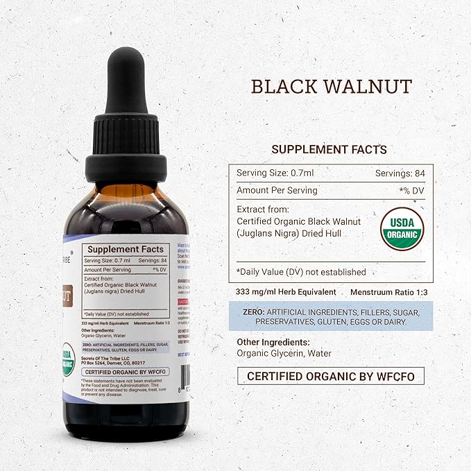 Secrets of the Tribe Black Walnut USDA Organic | Alcohol-Free Extract High-Potency Herbal Drops | Made from 100% Certified Organic Black Walnut (Juglans Nigra) Dried Hull 2 oz