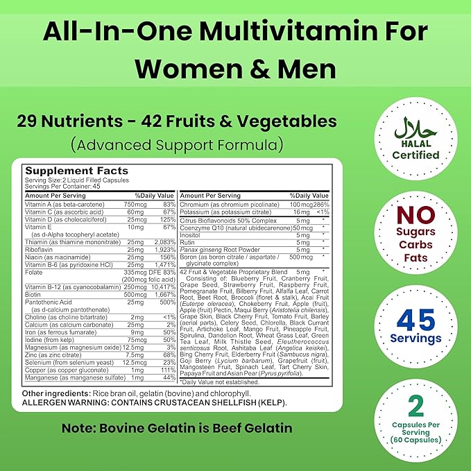 SHIFAA NUTRITION Halal Vitamins Multivitamin for Women &amp Men – Comprehensive Support for Heart Brain Eye &amp Immune Health – Gluten Dairy &amp Egg Free Mens Vitamins Multivitamin (45 Day Su