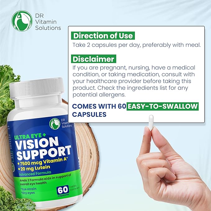 Vision Support Eye Vitamins for Macular Health | Supplements with Lutein Zinc Vitamin A &amp Bilberry | Areds 2 Formula for Red &amp Dry Eyes | Blue Light &amp Eye Strain Support for Adults 60 C