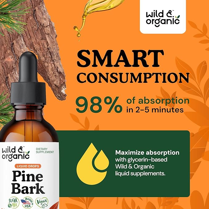 Wild &amp Organic Pine Bark Extract Tincture - Antioxidant Support - Pinus Pinaster Supplements - French Maritime Bark Liquid Drops - 2-Month Supply - Vegan Alcohol &amp Sugar-Free - 2 fl oz