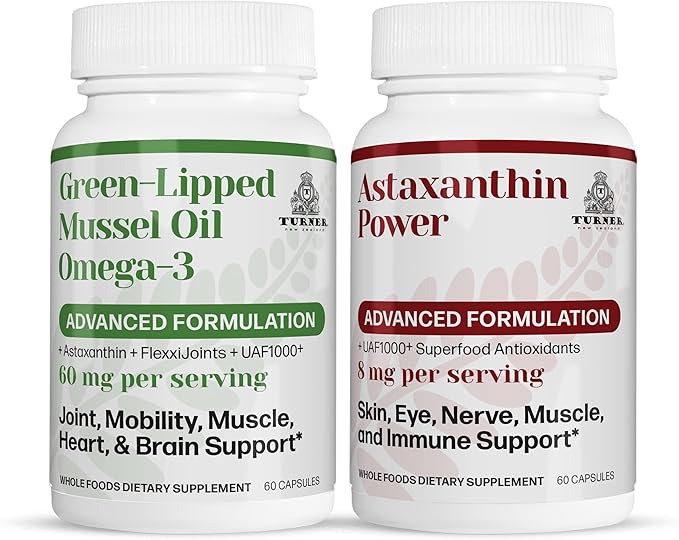 TURNER New Zealand Omega-3 Green Lipped Mussel Oil 53x Higher Potency for Superior Joint Comfort &amp Mobility No Fishy Aftertaste 1 Bottle 60 Softgels Plus 1 Bottle of Astaxanthin Power
