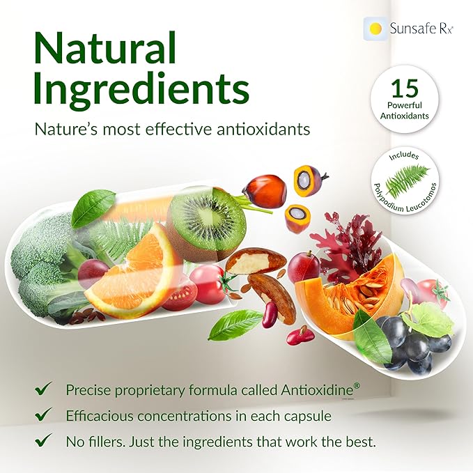 Sunsafe Rx Anti Aging Supplement: Natural Skin Protection Pills with Antioxidants for a Youthful Appearance &amp Eye Health + Vitamins Minerals &amp 250mg Polypodium Leucotomos (30 Capsules)