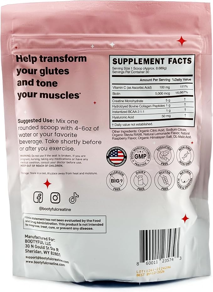 Creatine for Women – Booty Builder – Packed with Collagen Biotin BCAAs Hyaluronic Acid Vitamin C &amp Creatine Monohydrate Powder – Lean Muscle &amp Skin Hydration Support – Pink Lemonade 30 Se