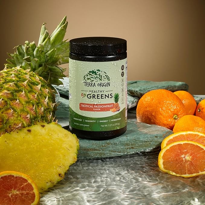 TERRA ORIGIN Healthy Greens Powder Supplement | Superfood Digestive Enzyme &amp Probiotic Blends | Immune Gut and Digestive Support for Women | Tropical Passion Fruit (30 Servings)