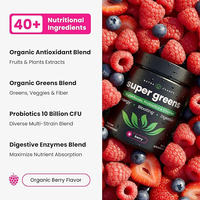 SuperGreens Powder 40+ Organic Superfoods Probiotics &amp Enzymes for Energy Digestion Gut Health &amp Bloating | Organic Fruit &amp Veggie Drink Mix Daily Green Juice Smoothie Blend Spinach