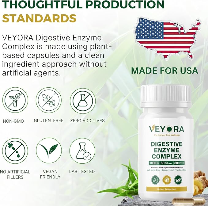 Digestive Enzyme Complex 1000 mg | 60 Vegan Capsules | with Probiotic &amp Inulin Fiber | Multi-Source Clean Label Formula | Non-GMO | Gluten-Free